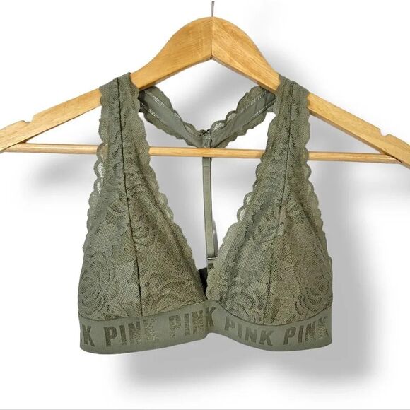 Victoria's Secret Pink Lace T-Strap Logo Bralette in Army Green Size Small - Picture 1 of 13
